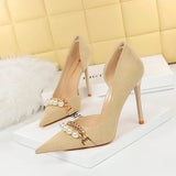 Breakj Banquet Shows Slim Ultra High Heel Suede Shallow Pointed Pearl Metal Chain Side Hollow Single