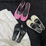 Women Close Toe Slippers Elegant kitten Heels Mule Shoes Round Toe Slide Outdoor Flip Flops 2023 Spring Female Bow Knot
