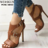 Sandals Summer Gladiator Fine High Heels Leather Peep Toes Ankle Buckle Strap Woman Party Shoes Black Sandalia Mujer