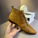 Breakj Pointed Little Short Boots Flat Boots Female Spring And Autumn Single Boots British Style Soft Leather Ankle Boots Soft Bottom Lace-Up