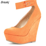 Women Shoes Flock Buckle Bowtie Ankle Strap High Heels Sexy 14cm Platform Wedges Female Pumps Red Wedding