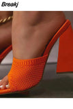 New Summer Triangle Thick Heel Slippers Women Sexy Square Toe Dress Party Shoes High Heels Knitting Pumps Size