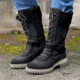 Medium-Sized Women's Boots 2024 Winter New Round Head Square Heel Leather Buckle Wool Spliced Martin