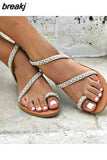 Summer Women Sandals Sweet Boho Pearl Decoration Sandals Leather Flats Plus Size Women Beach Sand Holiday Shoes