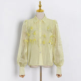 Casual Solid Shirt For Women Lapel Long Sleeve Patchwork Feathers Button Through Blouse Female Fashion Clothing