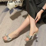 Rhinestone Butterfly Knot Slippers Fine Heel Sandal Women Crystal Fairy Pink Blue Bow Diamond High Heel Mule Shoes For
