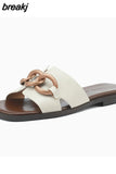 Size 32-43 Women Slippers Indoor House Real Leather Flats Shoes Woman Summer 2023 Fashion Chain Low Heels Slides