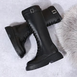 New Thicken Winter Knight Boots Women Knee High Long Square Heel Boots Retro Thick Motorcycle Boots Black White Botas