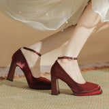 Waterproof Table One Word Button Spring New High Heels Mary Jane Senior Sense Silk Square Head Thick Heel Women's