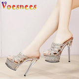Women New Crystal Slippers 14.5CM Fashion Model High Heels Summer Thin Heels Sexy Party Shoes Waterproof Platform Sequin