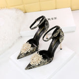 Breakj Banquet High Heel Shallow Mouth Empty A Word With Pointed Diamond Pearl Flower Sandal High
