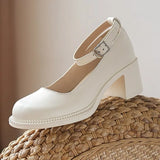 Beige Ankle Buckle Platform Pumps Women 2022 Square Heels Mary Jane Shoes Woman Retro Pu Leather High Heels Shoes