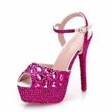 Queen Diamond Women Super High Heels Wedding Pumps 14cm Peep Shoes Platform 4CM Wristband Colorful