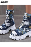 Denim Women's Boots Ladies Chunky Heel Platform Round Toe Shoes Denim Ankle Women Boot Jeans Casual Lace Up Sports Boot