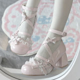 Breakj Spring New Round Head Thick-Bottomed Mary Jane Leather Shoes Lolita Bow Princess Style Design Single