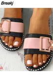 Women Metal leather Slippers Slides Summer Pearl Flat Crystal small size 34 Sandals home Female Casual Shoes Zapatos