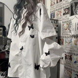 Button Up Shirt Women Oversized Blouse Top 2021 Loose Butterfly Print Harajuku Detachable Shirts Korean Fashion