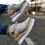 Sandals Vintage Wedge Shoes Woman Buckle Strap Straw Thick Bottom Flats Platform Sandals Flock Female Shoes Summer
