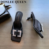 Button Slippers Women Fashion Square Toe High Heel Slide Candy Color Sandal Ladies Elegant Mule Shoe Flip Flops