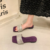 Women's Rhinestone Flat Slide Sandals, Glitter Square Open Toe Non Slip Shoes, Outdoor Beach