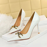 Breakj High-Heeled Women's Shoes Fine Heel Bright Face Lacquer Leather Shallow Mouth Tip OL High Heel Metal Belt Buckle Single