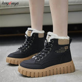 Women Snow Boots Winter Spring Warm Thick Soled Ankle Boots Solid Color lace-up Shoes for Women Height Increasing Plush
