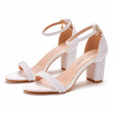 Breakj Cm Thick Heeled Shallow Word With Sandals Round Head Square Thick Heel Sandals White Pearl Sandals Wedding