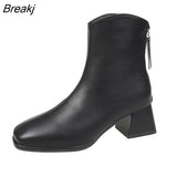Winter Women's Boots Square Toe Solid Pu Leather Fashion Ankle Shoe Ladies Black Heels Outdoor Party Women High