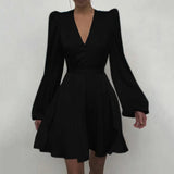 New Women Sexy V Neck Letters Print Fashion Short Dresses Casual Satin Slim Lantern Sleeves Zipper Elegant Party
