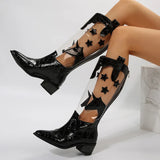 Transparent Knee High Boots Women Pointed Toe Chunky Heels Cowbot Boots Woman Patent Leather Patchwork Long Botas