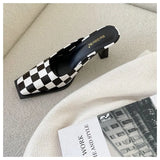Weave Slippers Women High Heel Square Toe Shallow Mule Outdoor Slide Fashion Black White Plaid Flip Flops Zapatillas