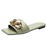 Women Slippers Fashion Chain Decoratie Vierkante Open Toe Teen Platte Outdoor Personality Street Punk Woman