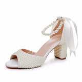 Breakj Cm Pearl Fish Mouth Coarse Sandals Shallow Buckle With Large-Size Beads Drifting Sandals Bride Beaded Wedding Shoes