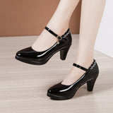 Leather Catwalk High Heel Women's Pointed High Heel Thick-Soled Waterproof Platform Professional Black Work Shoes Large-Size Single