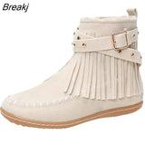 Zipper Flat Heels Spring Metal Rivet Vintage Cowboy Shoes Tassel Boots Women Faux Suede Ankle Boots