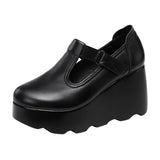 Heel Slope Shallow Mouth Single Shoes 2023 Autumn New Muffin Thick Bottom Waterproof Table Round Head Large Size Female Mother