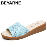 summer cow flat leather women slippers non-slip lower tendon ladies slippers solid hollow one button mothers
