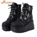 Women's Punk Gothic Platform Wedge Ankle Boots 2023 Hot Sale Round Toe Lace Up Buckle Strap Short Boots Side Zipper Female