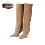 High Heels Western Boots Fashion Knee High Boots Woman Microfiber Red High Heel Long Boots Pointed Toe Autumn Winter