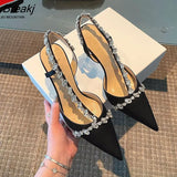 High Heel Women Rhinestones Pointed Toe Single Shoes Wedding Shoes Summer Rear Strap Solid Color Woman
