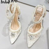 2023 New Sexy Mesh Pumps Sandals Female Pointed Toe White String Bead Ankle Strap High Heels Stiletto Dress Shoes