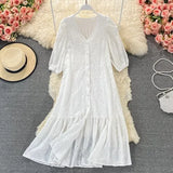 New Summer A Line V Neck Hollow Out Single Breasted Women Mid-Calf Dresses Casual Solid Short Lady
