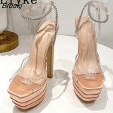 Fashion PVC Transparent Crystal Ankle Strap Women's Shoes Pumps Sexy Pole Dance 16CM Sandals Open Toe Platform High