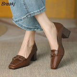 French Retro Mid-heel Leather Shoes Women's 2023 Spring Autumn New One Pedal Bow Thick Heel Square Toe High Heels