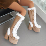 Breakj Lolita Winter Women's Snow Boots Waterproof Desk High Heeled Lavet Women's Shoes Furt Warm