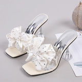 New Fashion Crystal Bow High Heels Slippers Shoes Woman Sexy PVC Transparent Sandals Women Slides Open Toe Pumps Blue