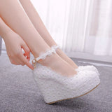 Queen Wedges Wedding Pumps Sweet White Flower Lace Pearl Platform Shoes Bride Dress High