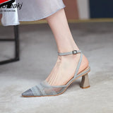 Pointed Toe Single Shoes Women High Heel Mesh Chunky Heel Sandals Spring And Summer Solid Color Woman