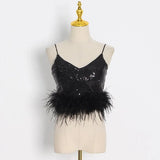 Sexy Solid Tank Tops For Women V Neck Sleeveless Patchwork Feathers Camis Female Summer Fashion Clothing Style