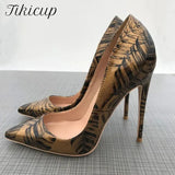 Women Pattern Printed Gold Patent Pointed Toe High Heels Plus Size 34-45 Sexy Ladies Chic Stiletto Pumps Fashion